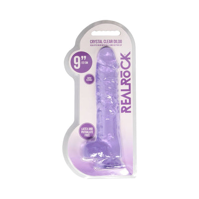 Purple crystal clear 9-inch realistic dildo with balls and suction cup in branded packaging.
