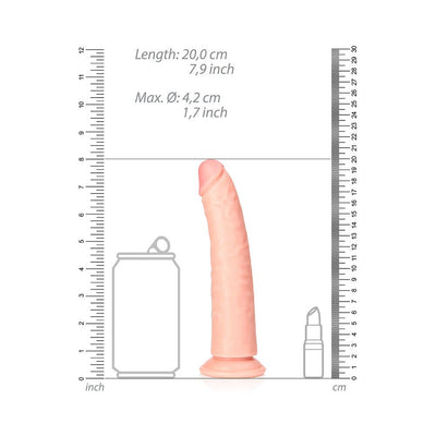 Vanilla-colored slim realistic dildo with suction cup, shown with size comparison to a soda can and lipstick, with measurement scales.