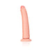 Slim realistic vanilla-colored dildo with suction cup base, detailed veins, and slight curve for targeted stimulation.
