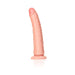 Slim vanilla-colored realistic dildo with suction cup base standing upright on white background.
