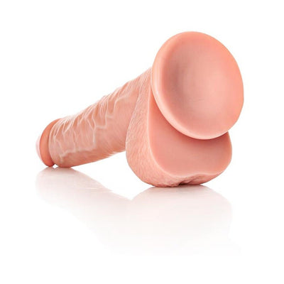 Light skin tone realistic straight dildo with detailed veins, scrotum, and suction cup base on white background.