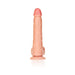 Light skin tone realistic straight dildo with veins, detailed scrotum, and suction cup base standing upright on white background.