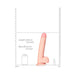 Light-colored realistic dildo with suction cup and balls, shown next to rulers and size references for length and diameter.
