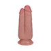 Dual-ended realistic dildo in natural skin tone with suction base for hands-free use.
