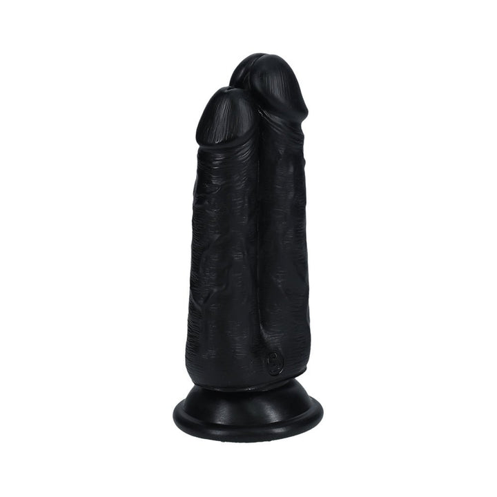 Black dual-ended dildo with realistic texture and suction cup base for hands-free use.