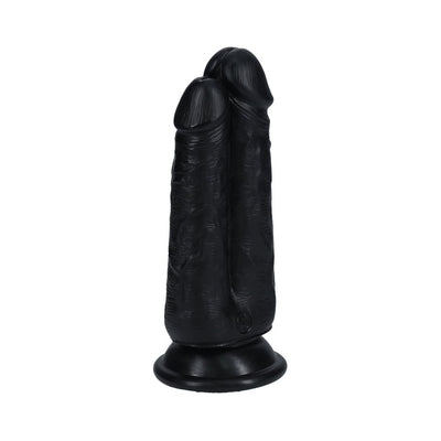 Black dual-ended dildo with realistic texture and suction cup base for hands-free use.