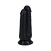 Black dual-ended dildo with realistic texture and suction cup base for hands-free use.