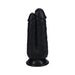 Black dual-ended dildo with two realistic shafts and a suction cup base on a white background.