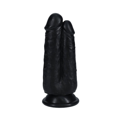 Black dual-ended dildo with textured surface and suction base for hands-free use.