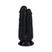Black dual-ended dildo with textured surface and suction base for hands-free use.