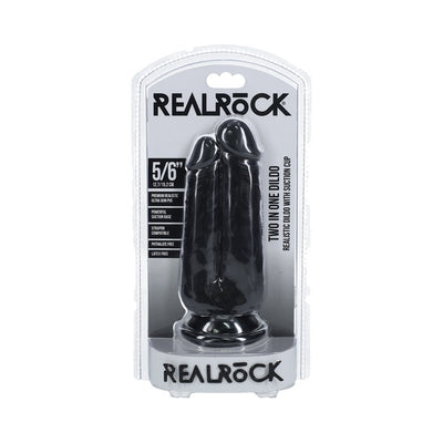 Realrock Two In One dual-ended dildo with suction cup base in black, packaged for retail display.