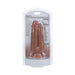 Realrock Two In One dual-ended dildo in tan color, packaged in clear plastic with product details visible.