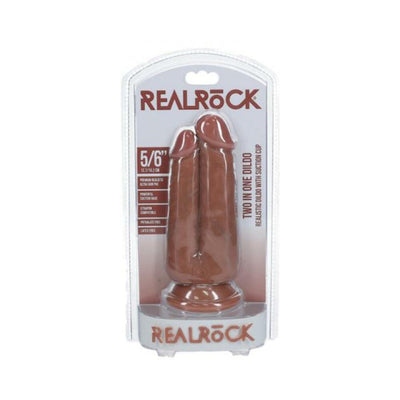 Realrock two-in-one dual dildo with suction base in brown, packaged in clear plastic display.