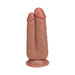 Dual-ended realistic dildo in natural skin tone with suction base for hands-free use.