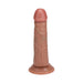 Realistic skin-tone dildo with textured veins and suction base for hands-free use.