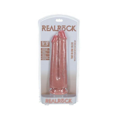 Realrock two-in-one dual shaft dildo in natural skin tone with suction cup base in clear retail packaging.