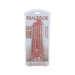 Realrock two-in-one dual shaft dildo in natural skin tone with suction cup base in clear retail packaging.