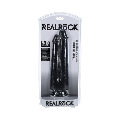 Realrock two-in-one black dildo with dual shafts and suction cup base in clear retail packaging.