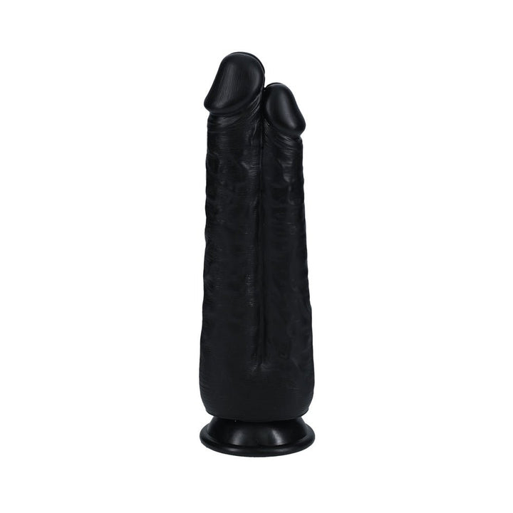 Black dual-ended dildo with textured surface and suction base for hands-free use.