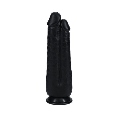 Black dual-ended dildo with textured surface and suction base for hands-free use.