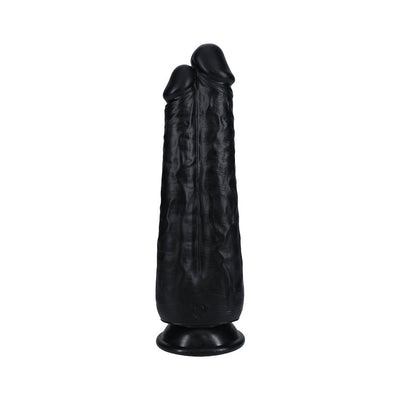 Black dual-ended dildo with textured surface and suction base for hands-free use.