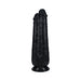 Black dual-ended dildo with textured surface and suction base for hands-free use.