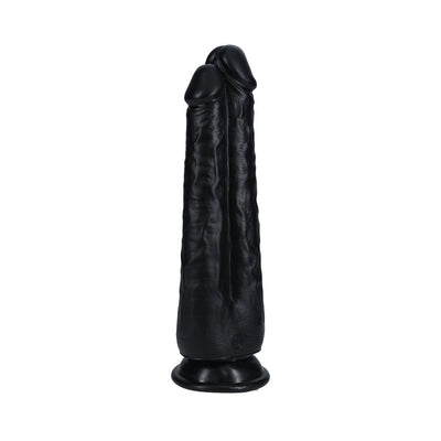 Black dual-ended dildo with realistic texture and suction base for hands-free use.