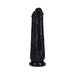 Black dual-ended dildo with realistic texture and suction base for hands-free use.