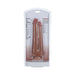 Realrock two-in-one dual dildo in brown, packaged in clear plastic with product details visible on backing card.