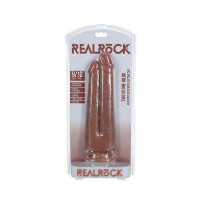 Realrock two-in-one dual shaft dildo in brown with suction cup base in clear packaging.