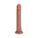 Realistic dual-ended dildo in natural skin tone with suction base for hands-free use.