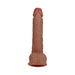Realistic textured vibrating dildo with suction cup base in natural skin tone, straight shape.