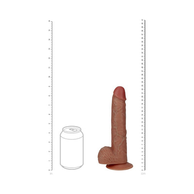 Realistic brown vibrating dildo with suction cup base and textured veins, shown next to a soda can for size comparison.