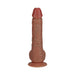 Realistic brown vibrating dildo with veins, textured shaft, and suction cup base for hands-free use.