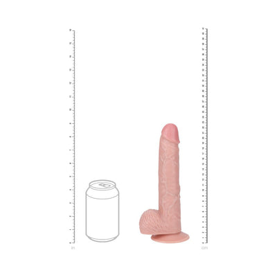 Realistic flesh-toned vibrating dildo with textured veins, shapely glans, attached balls, and suction cup base for hands-free use.
