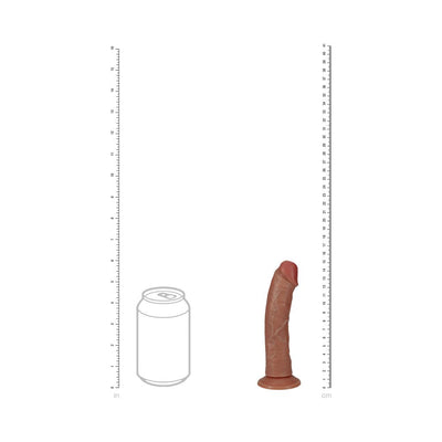 Realistic curved dildo with veins and suction cup base shown next to a soda can for size comparison.
