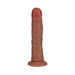 Realistic curved dildo with natural veins and suction cup base in a medium brown tone.