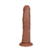 Realistic curved brown vibrating dildo with textured veins and suction cup base for hands-free use.