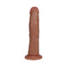 Realistic curved dildo with textured veins and suction cup base in natural skin tone.