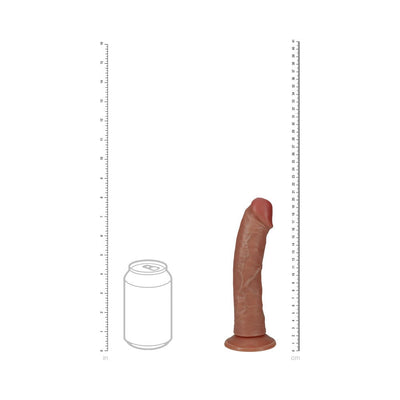 Realistic curved dildo with veins and suction cup base, shown next to a soda can for size comparison.
