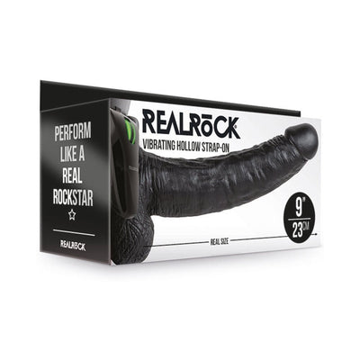 Realrock Vibrating Hollow Strap-On with balls in chocolate color displayed on packaging showing 9-inch size and adjustable harness.