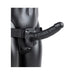 Black vibrating hollow strap-on with balls and adjustable waistband displayed on a mannequin torso.