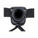 Close-up of black adjustable harness with hollow center designed for a strap-on attachment.