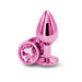Medium-sized pink chrome-plated metal anal plug with a faceted gem base, shown on white background.