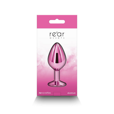 Pink chrome-plated medium-sized metal anal plug in branded Rear Assets packaging with pink and white design.