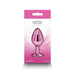 Pink chrome-plated medium-sized metal anal plug in branded Rear Assets packaging with pink and white design.