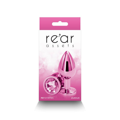 Pink chrome-plated medium metal anal plug with jewel base shown on product packaging