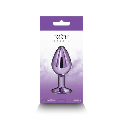 Purple chrome-plated medium-sized metal anal plug in branded Rear Assets packaging with purple and white design.