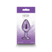 Purple chrome-plated medium-sized metal anal plug in branded Rear Assets packaging with purple and white design.