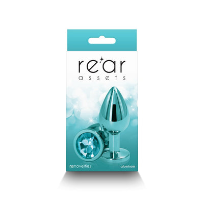 Medium-sized chrome-plated aluminum anal plug with teal jewel base displayed on retail packaging.